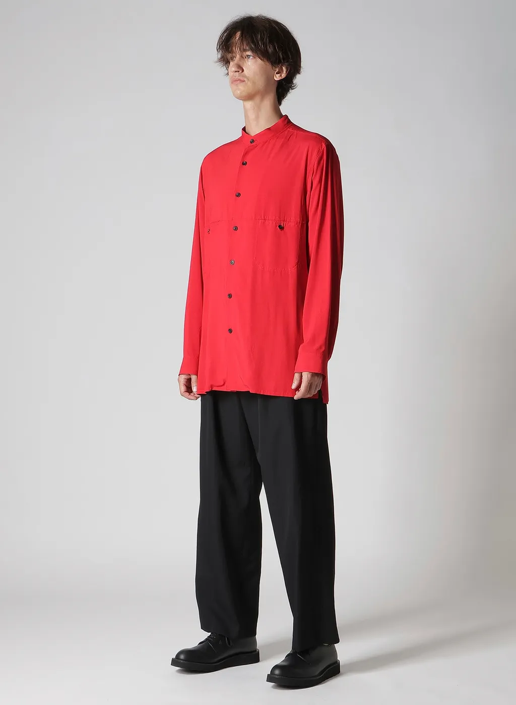 Red Rayon Lawn Chest-Paneled Stand-Collar Blouse