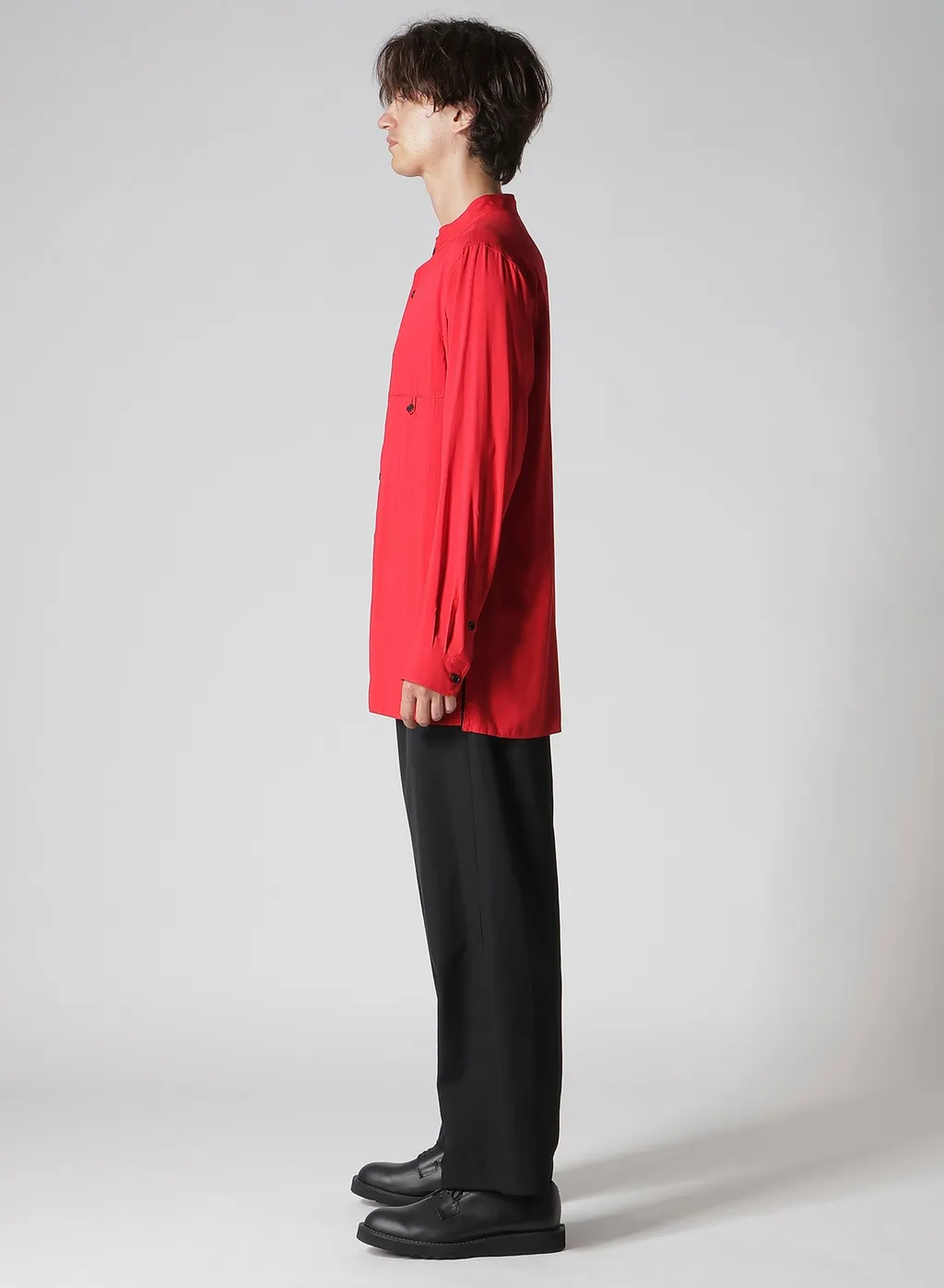 Red Rayon Lawn Chest-Paneled Stand-Collar Blouse