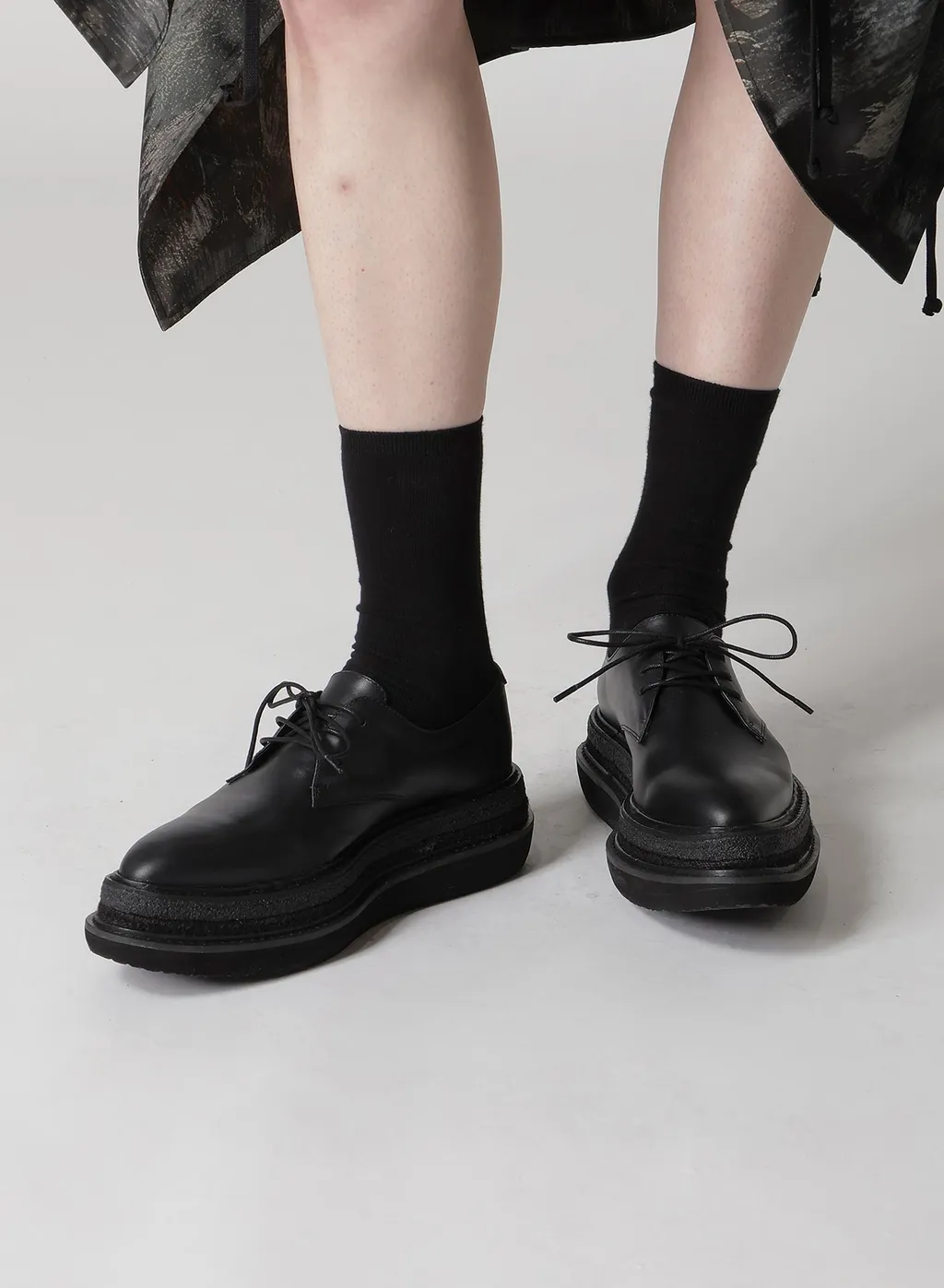 Smooth Leather Blk Flatform Plain Toe Shoes