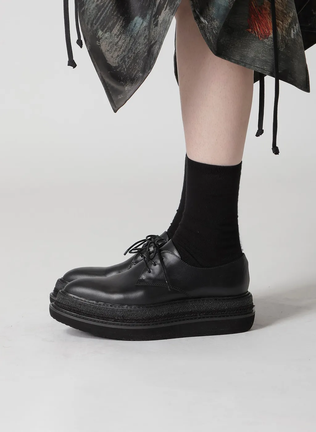 Smooth Leather Blk Flatform Plain Toe Shoes