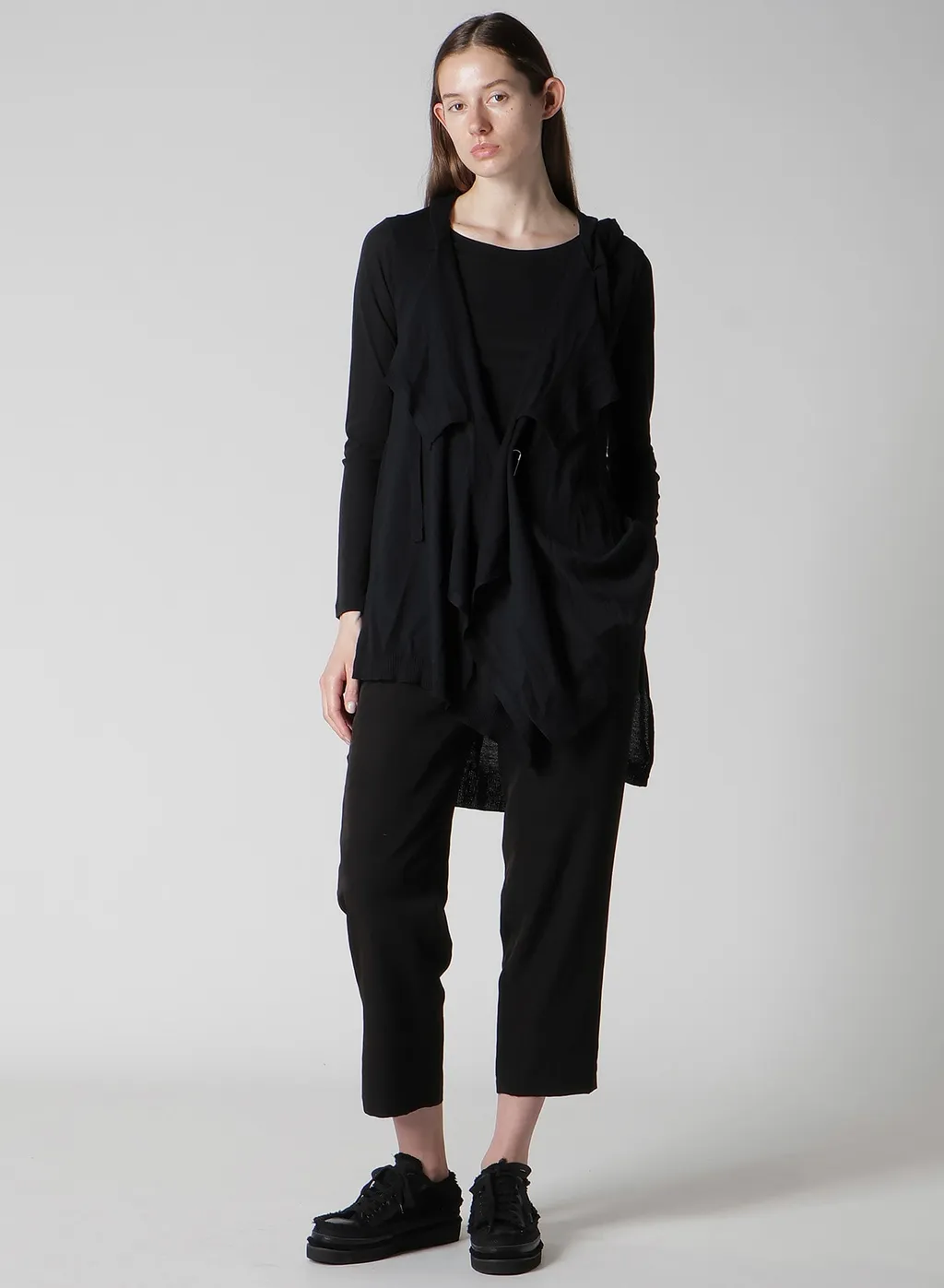 Plain Stitch+Rib Draped Hoodie Vest
