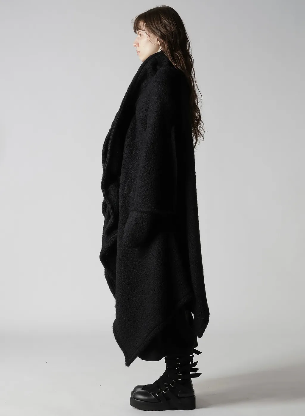 Loop Inlay Frilled Collar Long Jacket