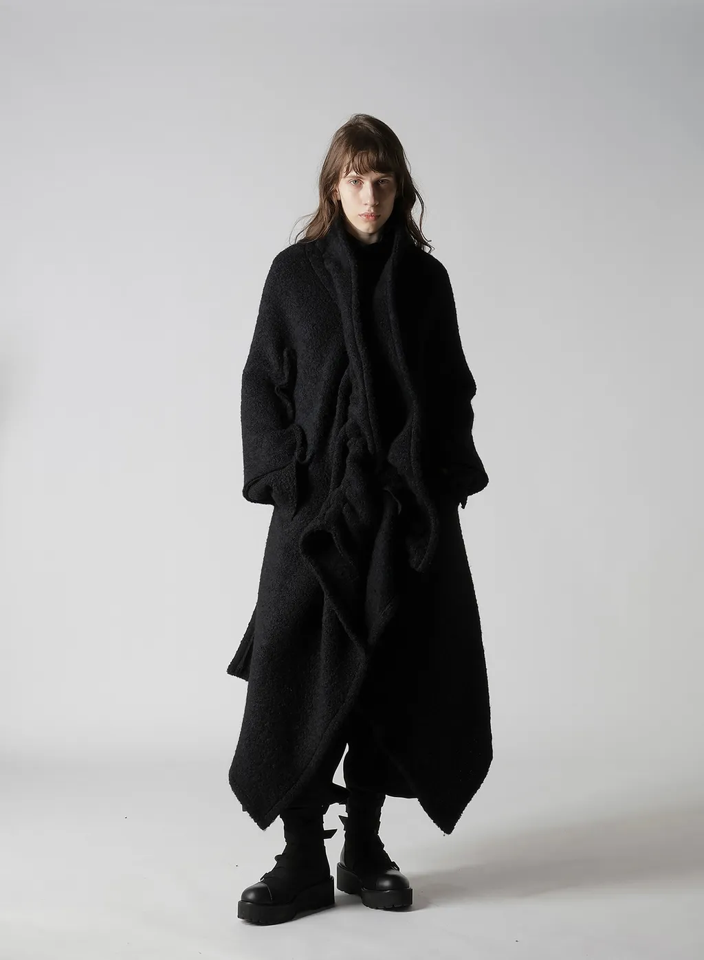 Loop Inlay Frilled Collar Long Jacket