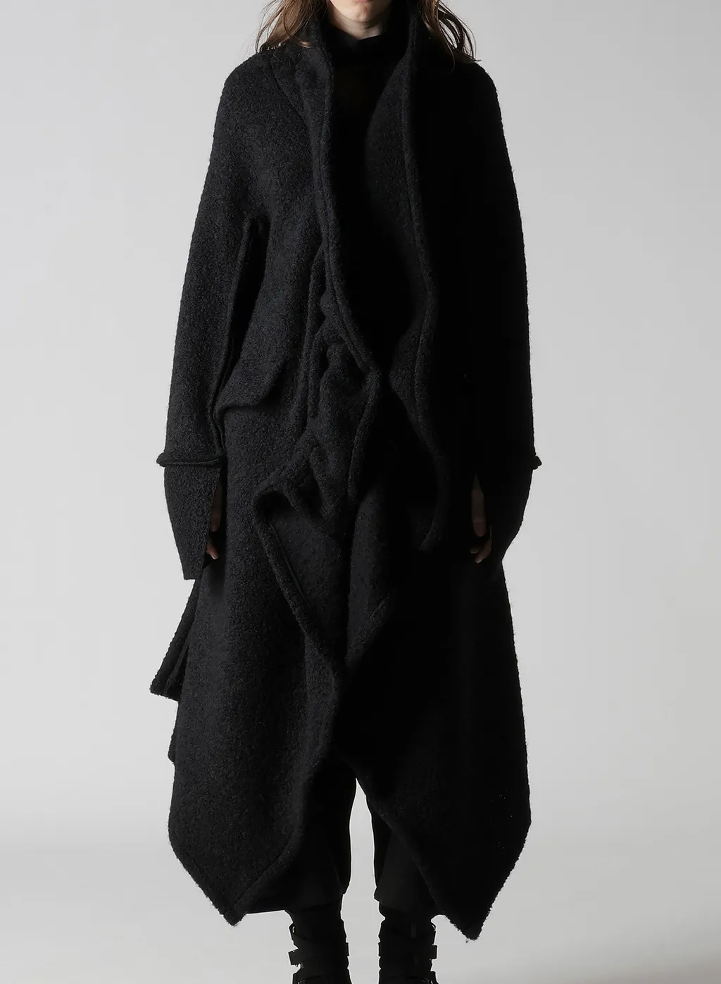 Loop Inlay Frilled Collar Long Jacket