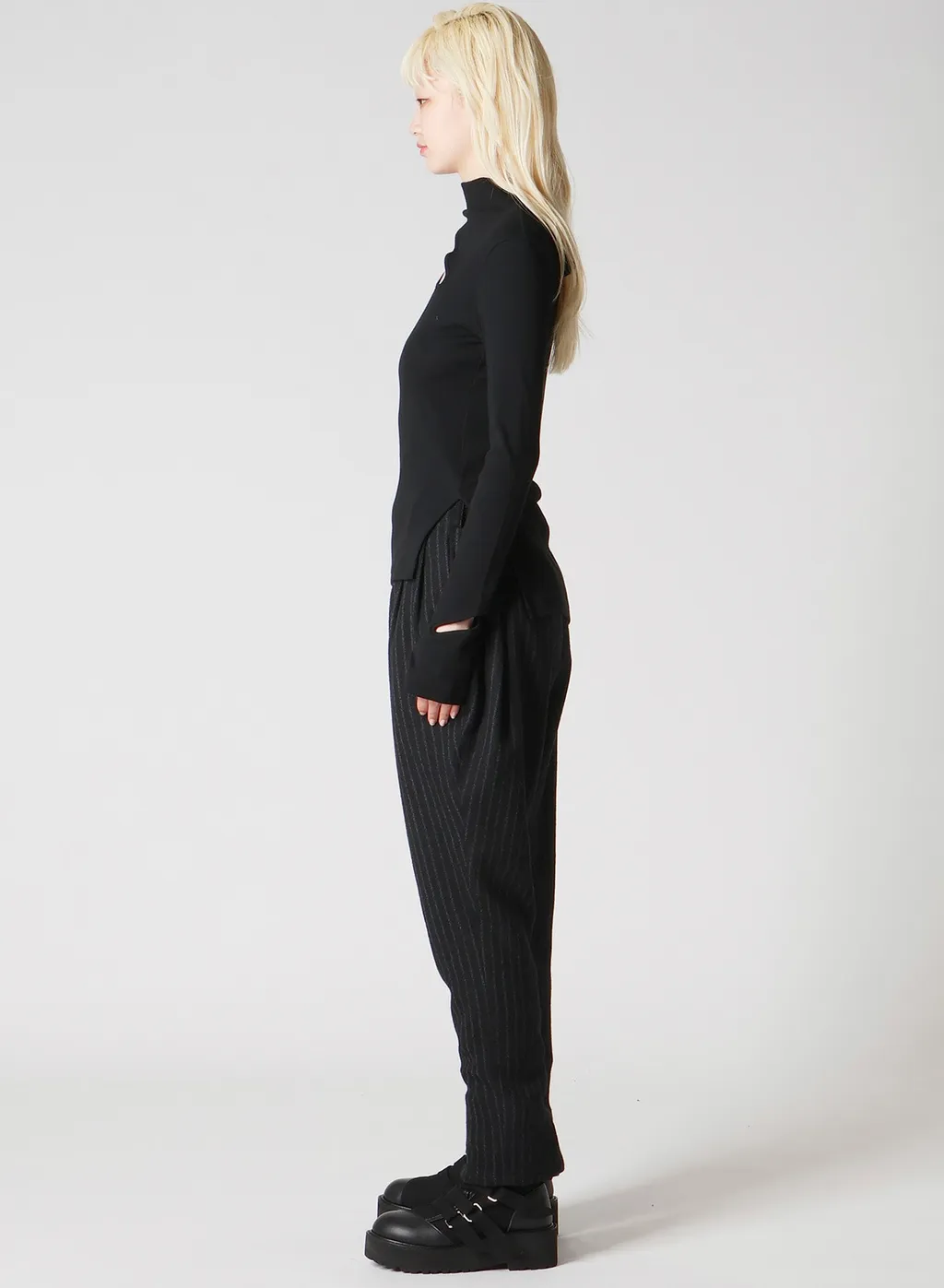 Cotton Rayon Rib Slit High Neck T-Shirt