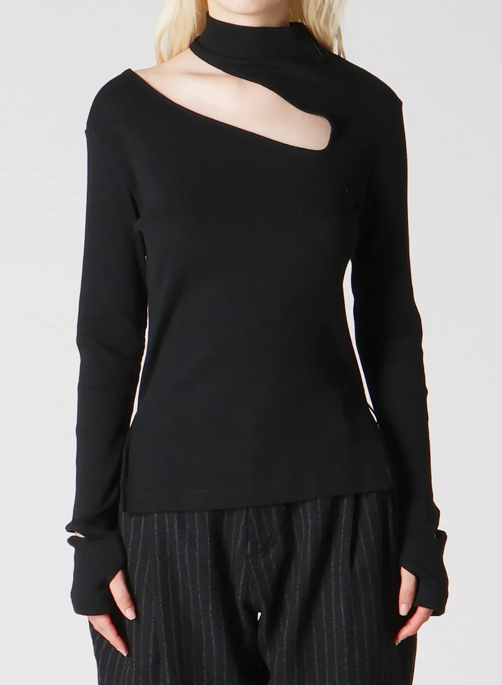 Cotton Rayon Rib Slit High Neck T-Shirt