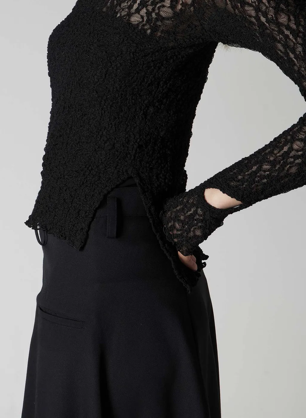Flower Shirring Slit High Neck T-Shirt