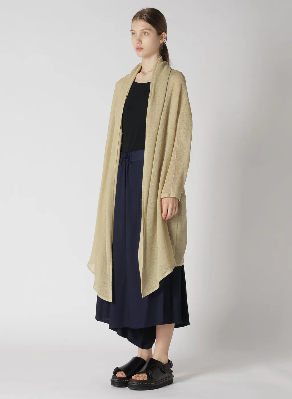 Leno Cloth Shawl Collar Long Cardigan
