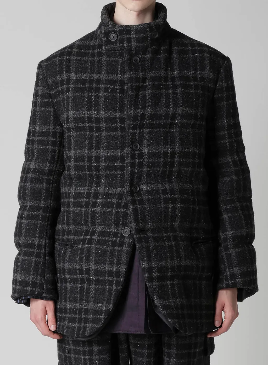 Horizontal Padded Plaid Stand Jacket