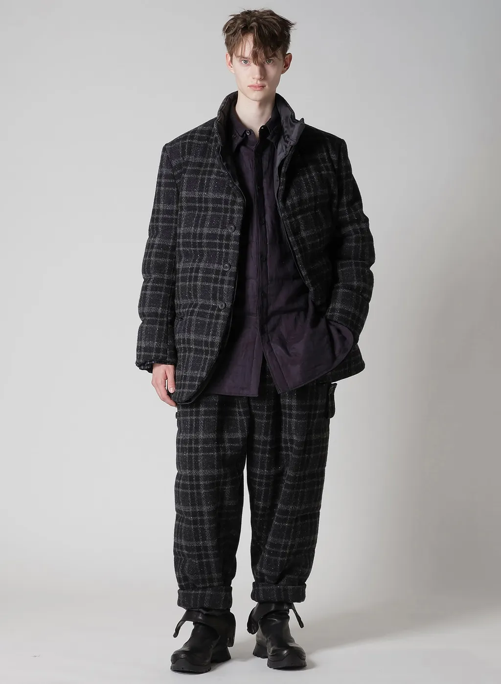 Horizontal Padded Plaid Stand Jacket