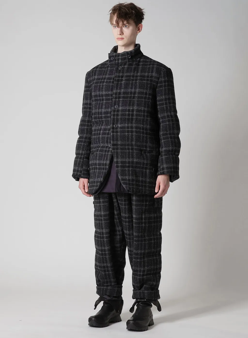 Horizontal Padded Plaid Stand Jacket