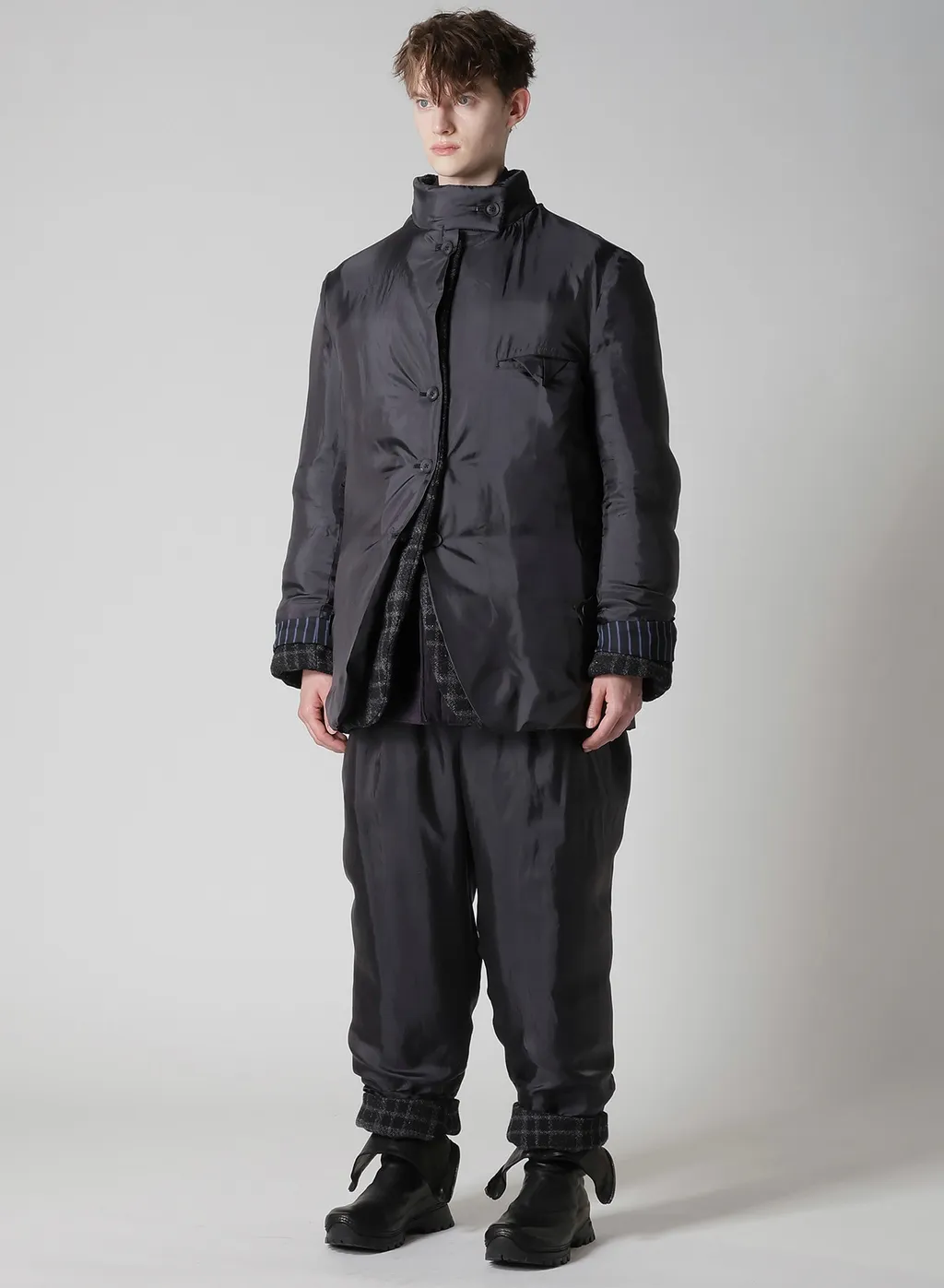 Horizontal Padded Plaid Stand Jacket