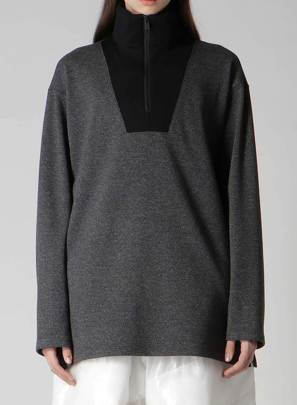 C/W Twill Jersey Padded Collar Half Zip Long Blouse