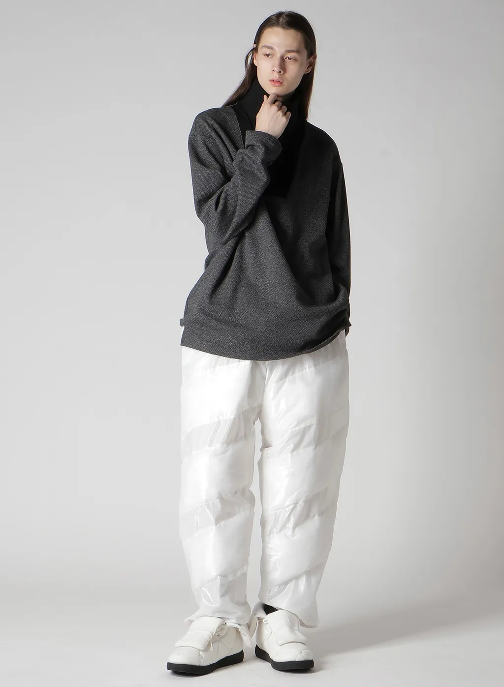 C/W Twill Jersey Padded Collar Half Zip Long Blouse