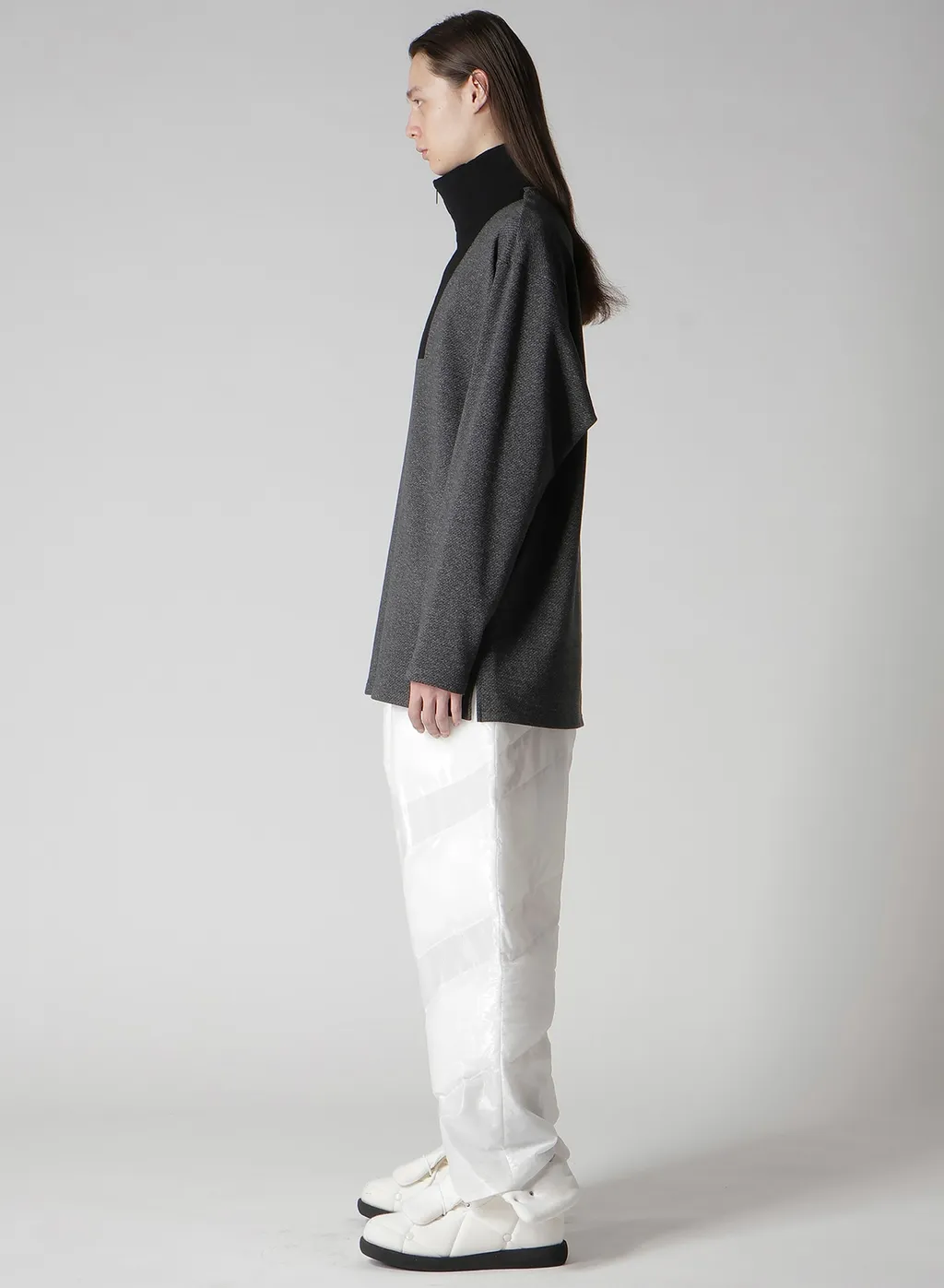 C/W Twill Jersey Padded Collar Half Zip Long Blouse