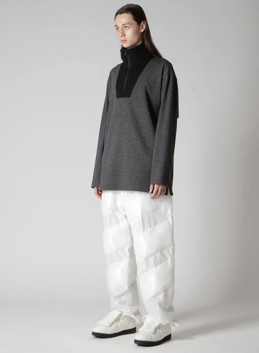 C/W Twill Jersey Padded Collar Half Zip Long Blouse