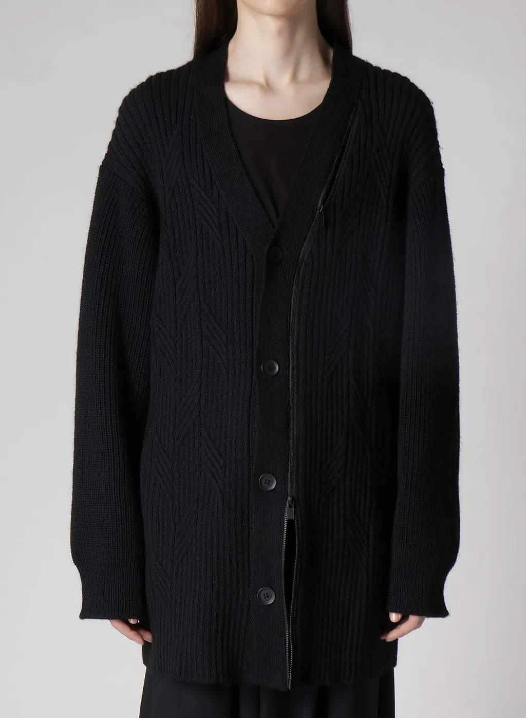 5G1P Cable+Cardigan Stitch Zip V Neck Cardigan