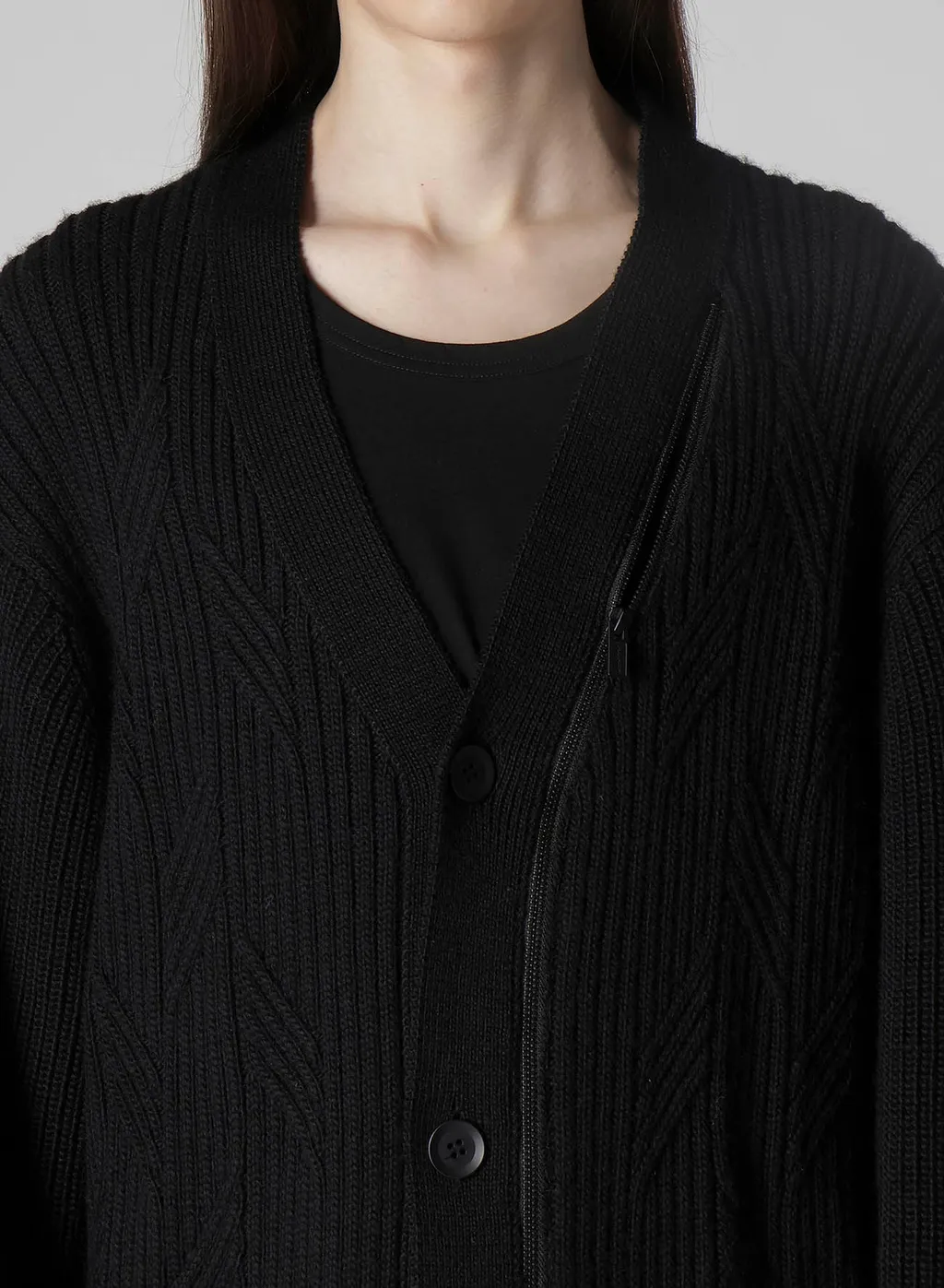 5G1P Cable+Cardigan Stitch Zip V Neck Cardigan