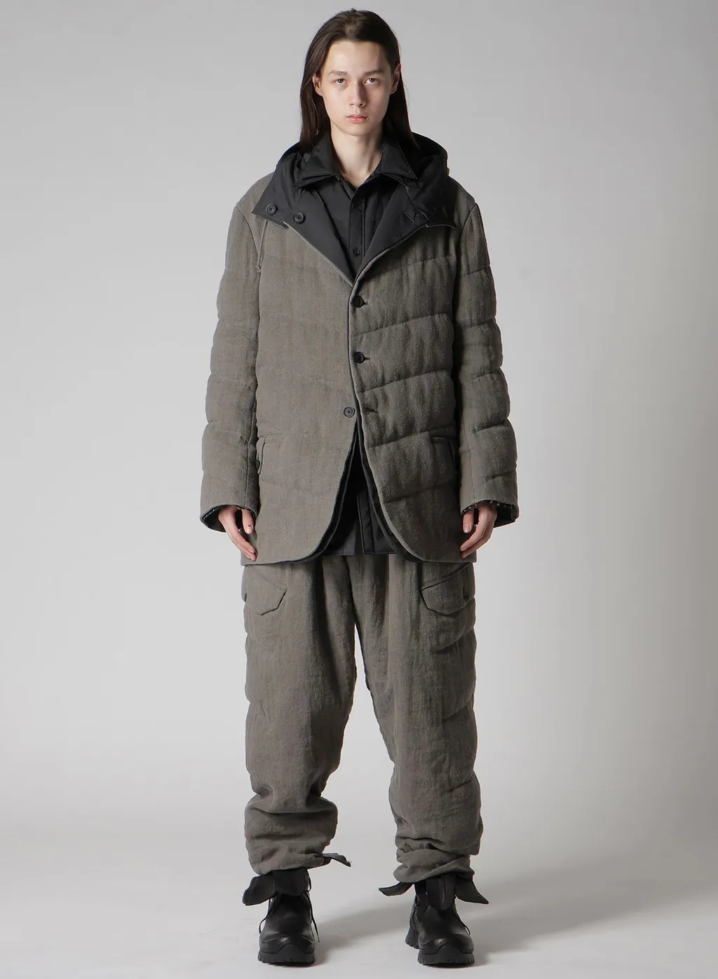 Silk Linen Diagonal Padded Hooded Jacket