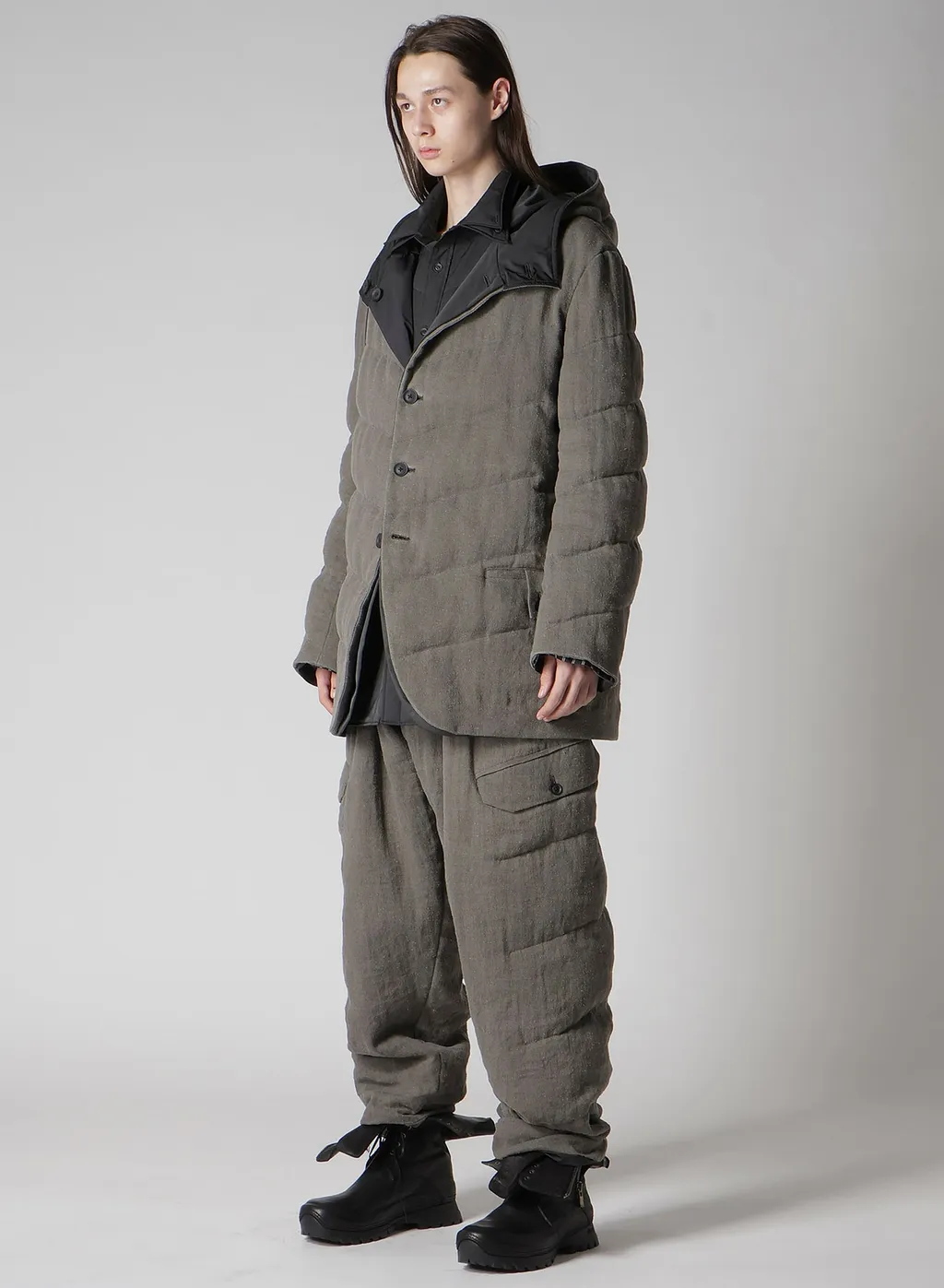 Silk Linen Diagonal Padded Hooded Jacket