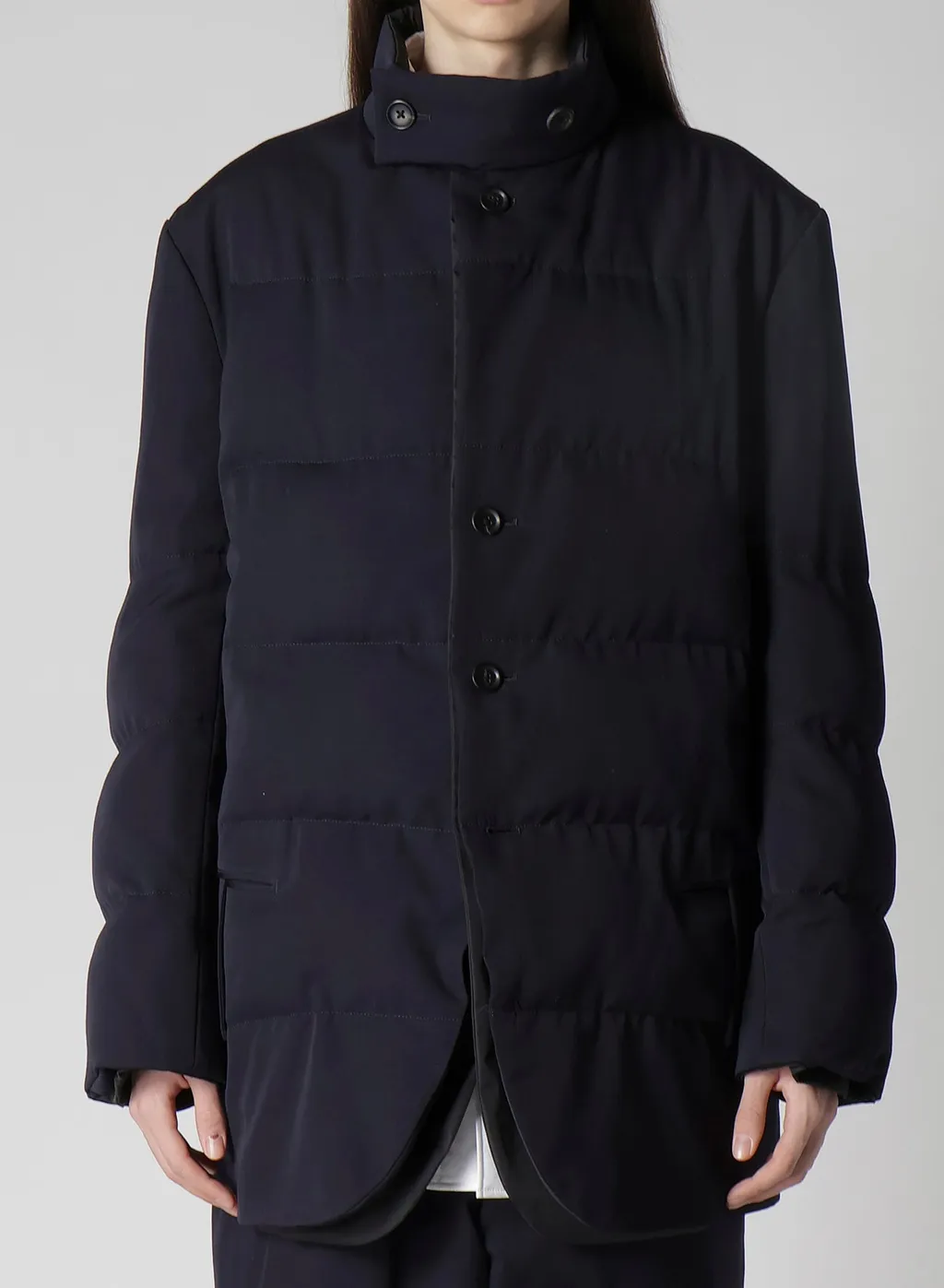 Navy Wool Gabardine Horizontal Padded Stand Jacket