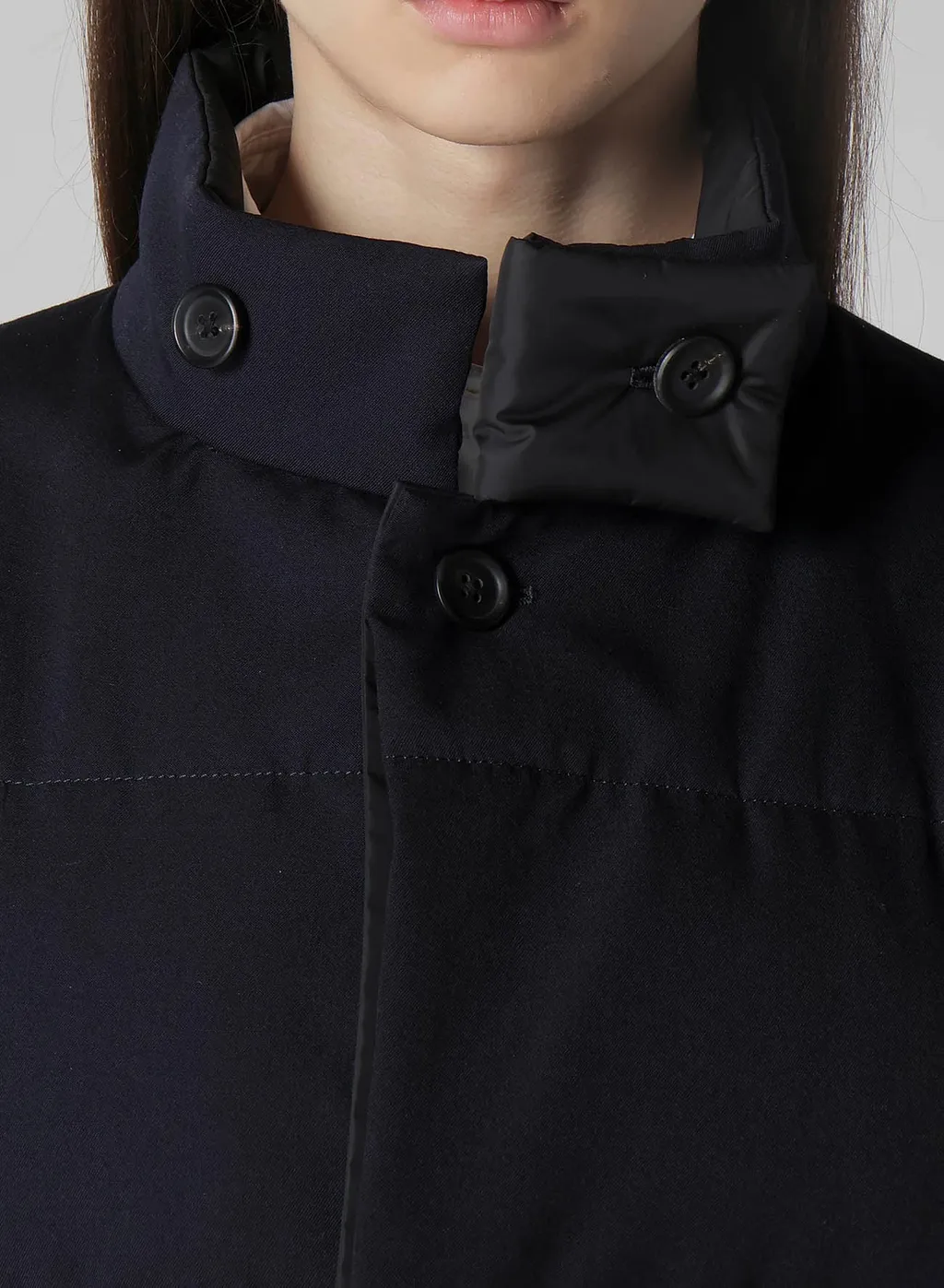 Navy Wool Gabardine Horizontal Padded Stand Jacket