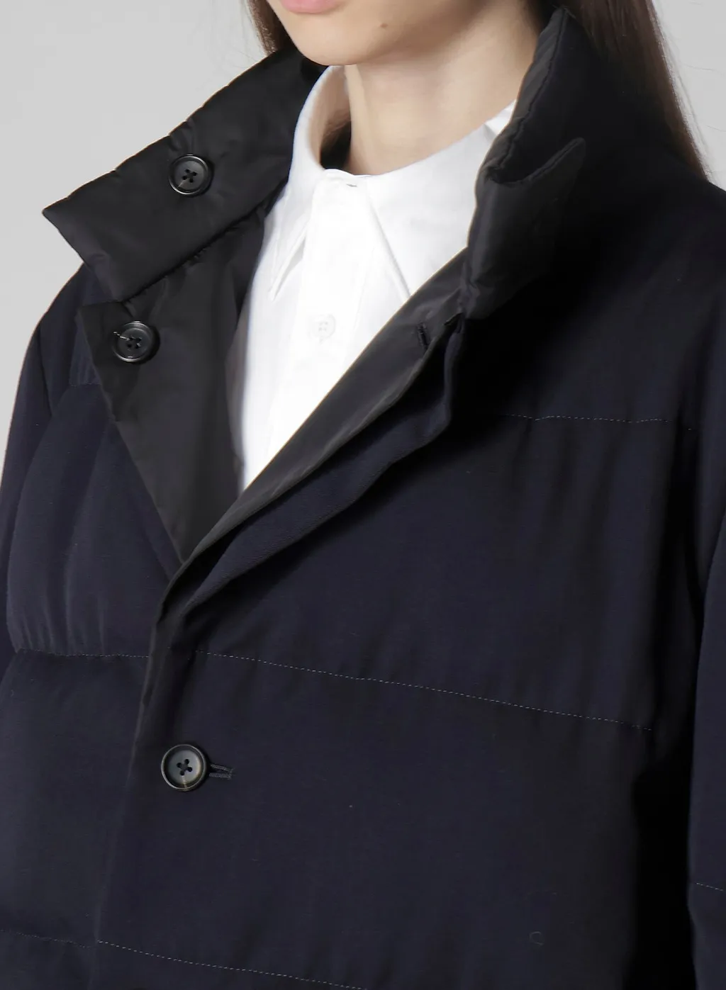Navy Wool Gabardine Horizontal Padded Stand Jacket