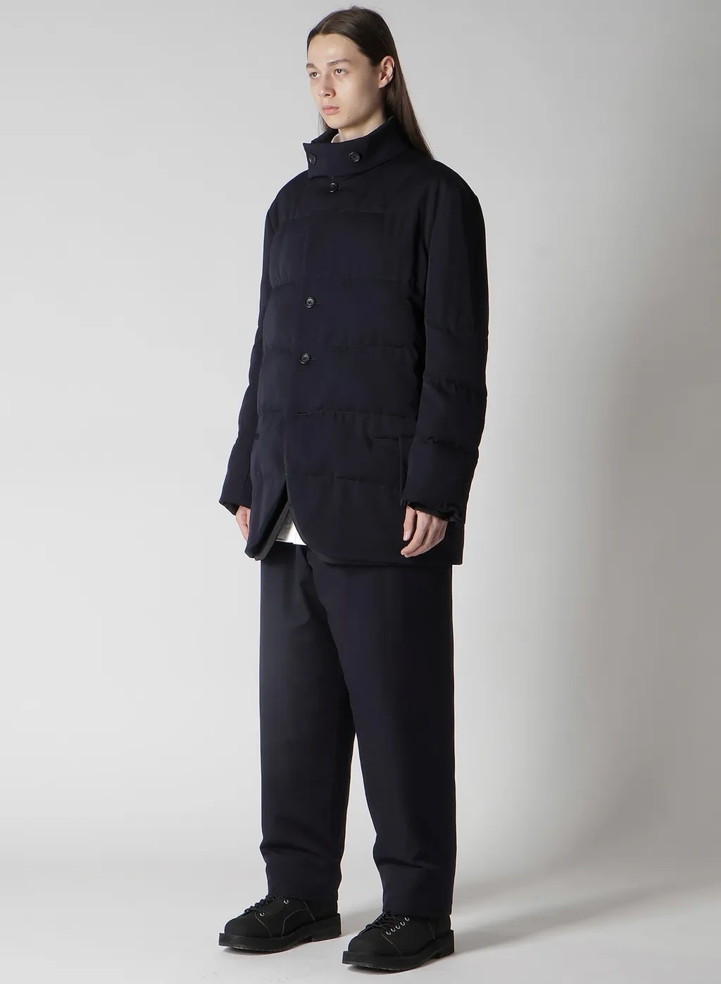 Navy Wool Gabardine Horizontal Padded Stand Jacket