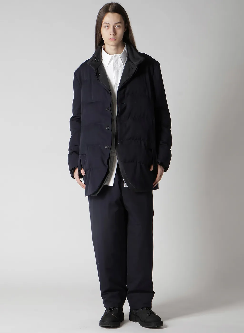 Navy Wool Gabardine Horizontal Padded Stand Jacket