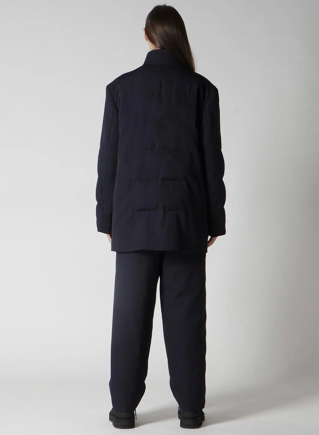 Navy Wool Gabardine Horizontal Padded Stand Jacket