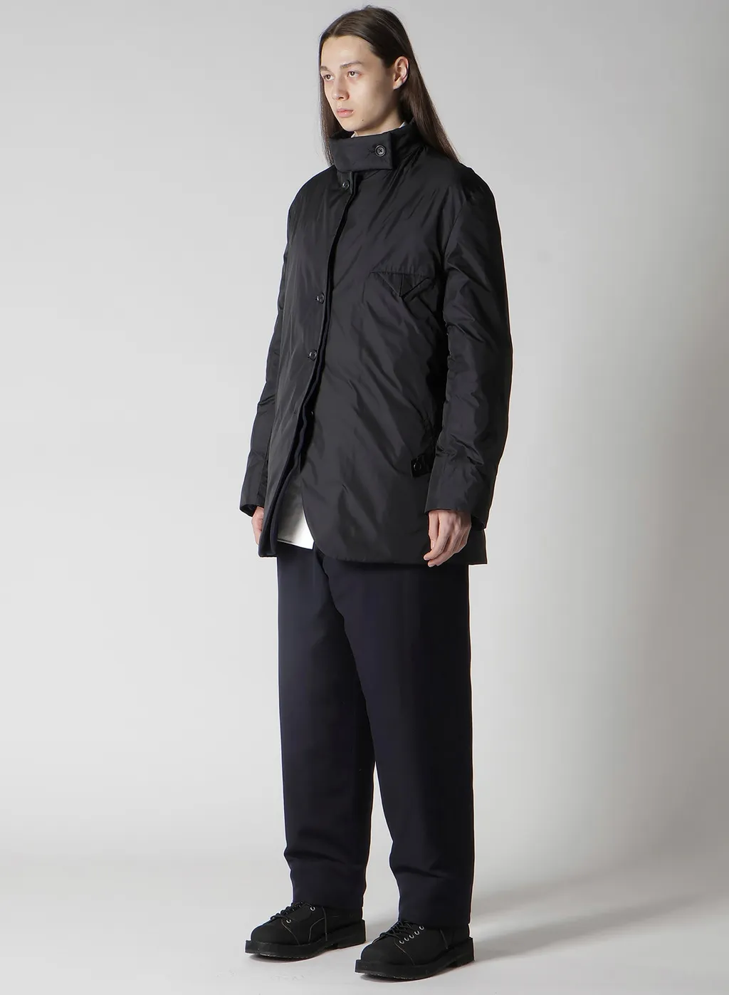 Navy Wool Gabardine Horizontal Padded Stand Jacket