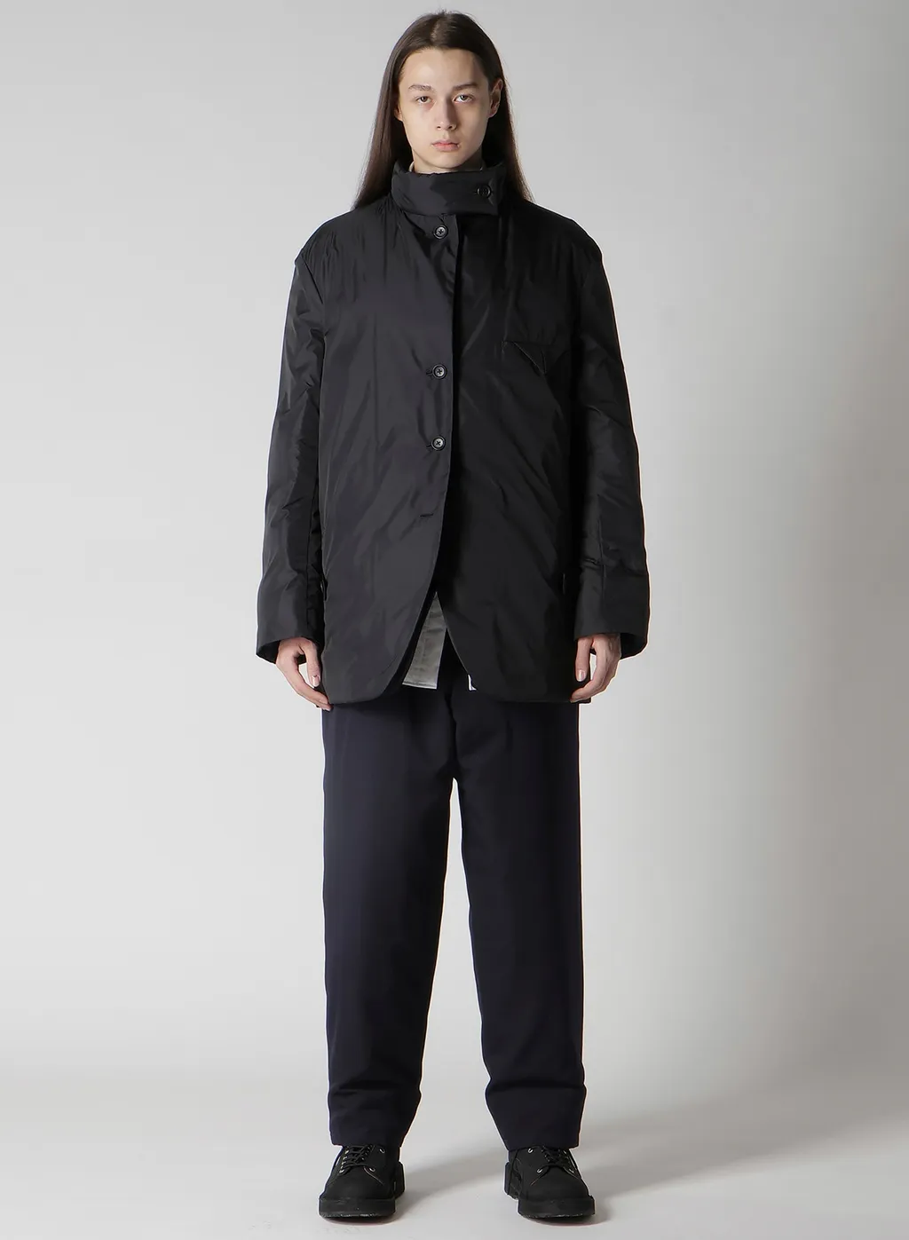 Navy Wool Gabardine Horizontal Padded Stand Jacket