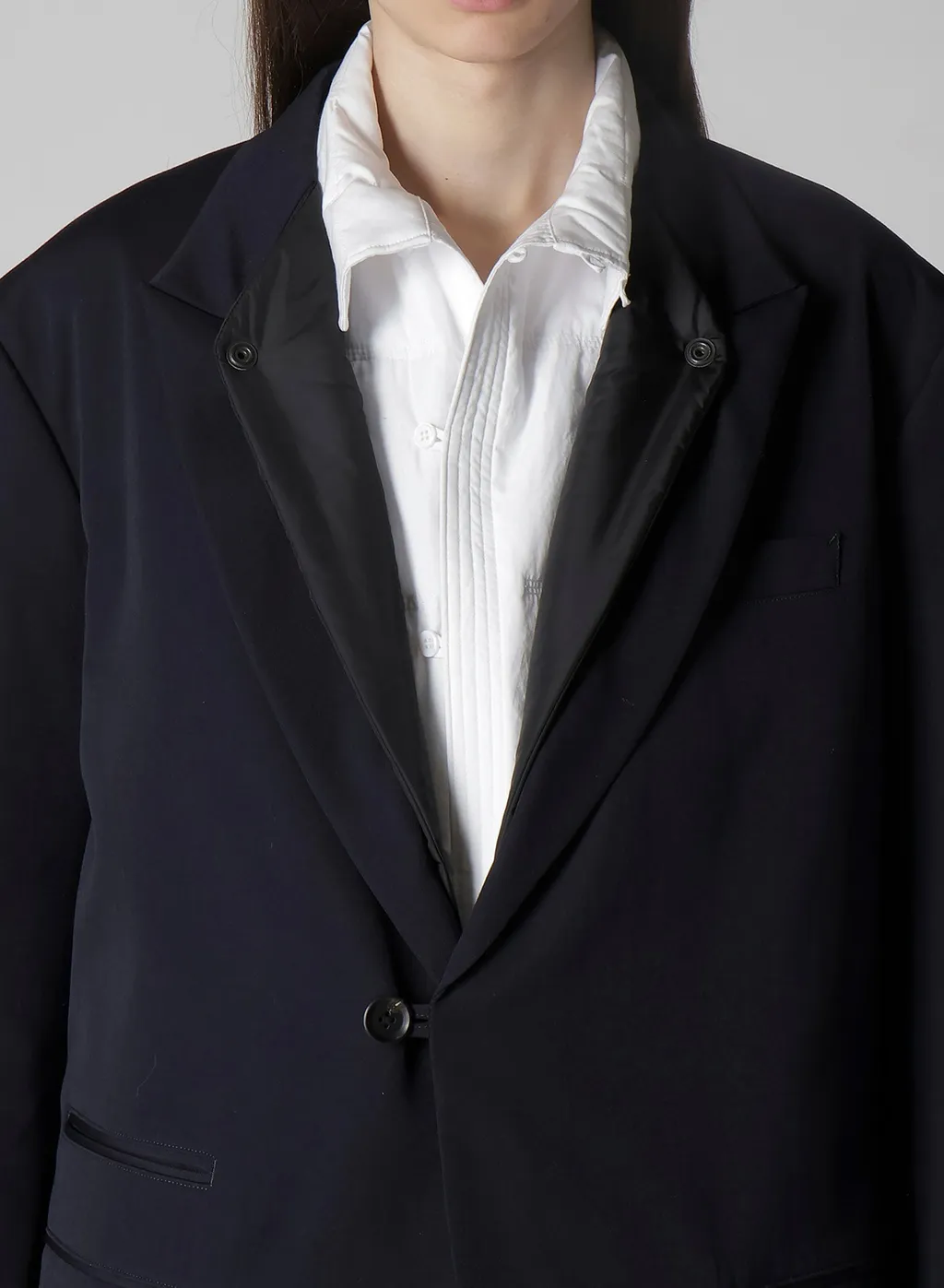 Navy Wool Gabardine One Button Jacket With Liner