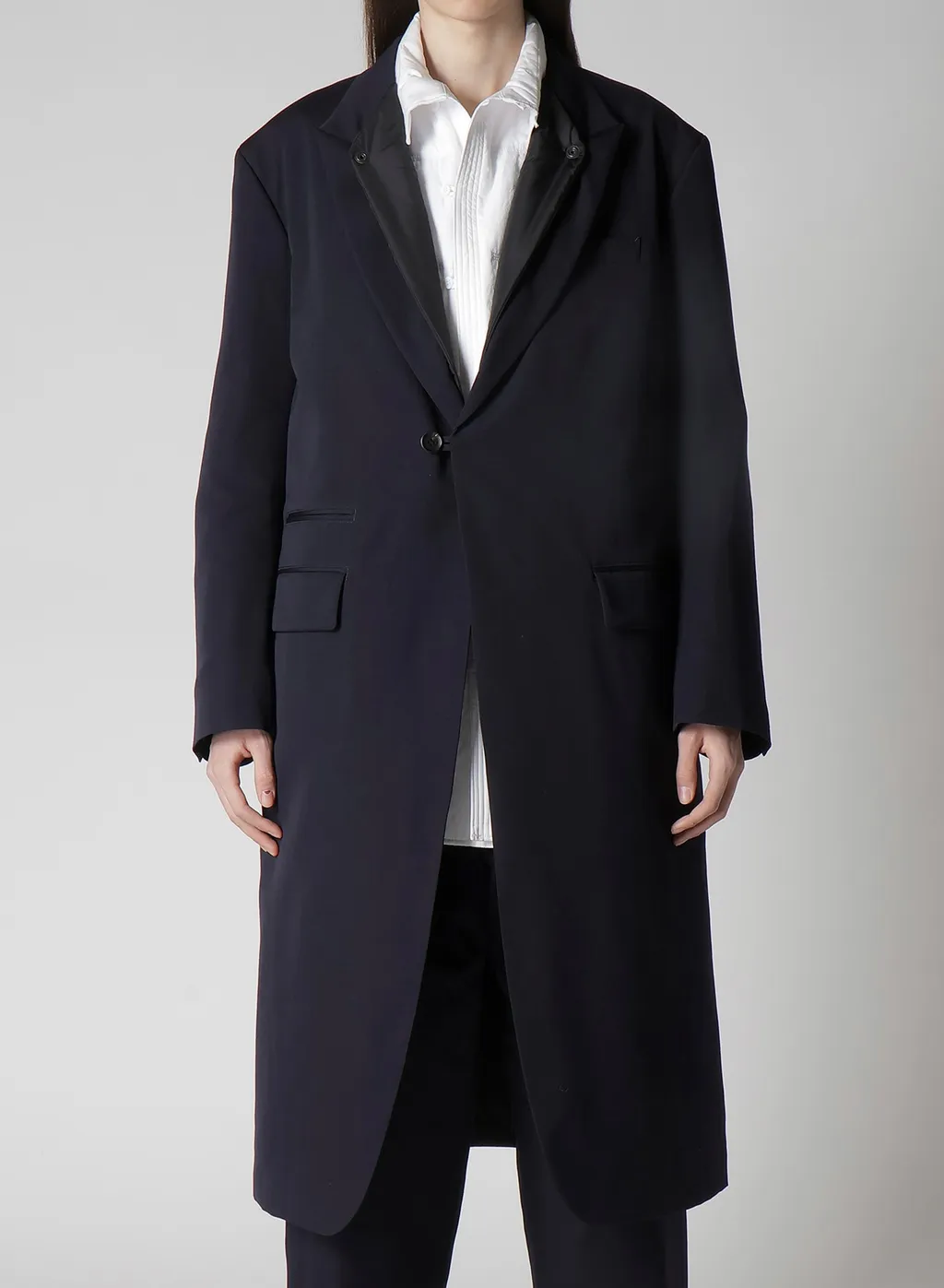 Navy Wool Gabardine One Button Jacket With Liner
