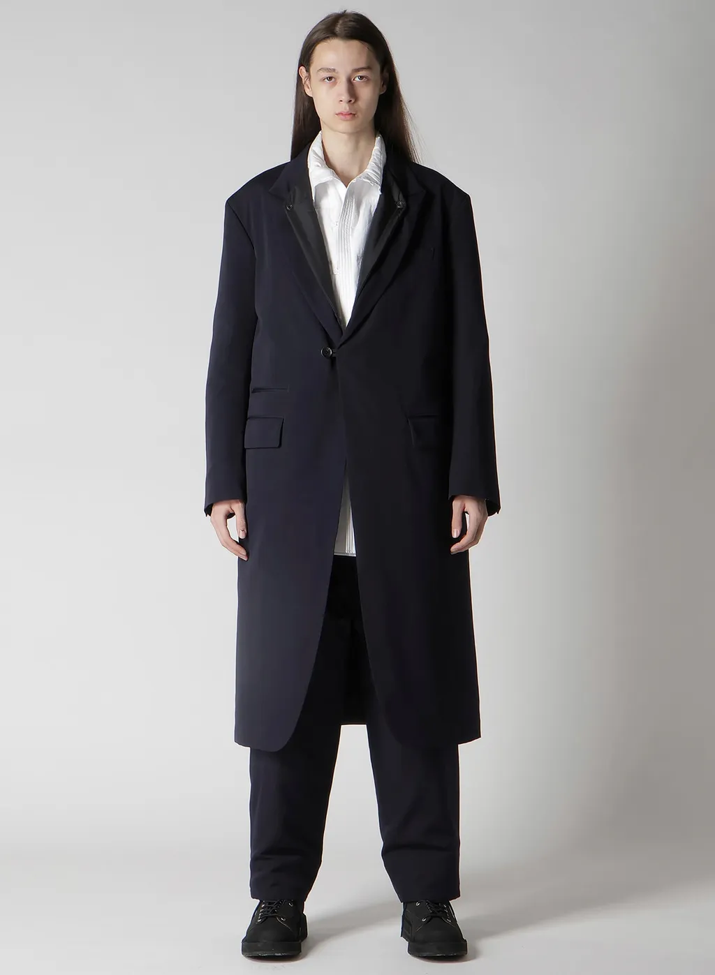 Navy Wool Gabardine One Button Jacket With Liner