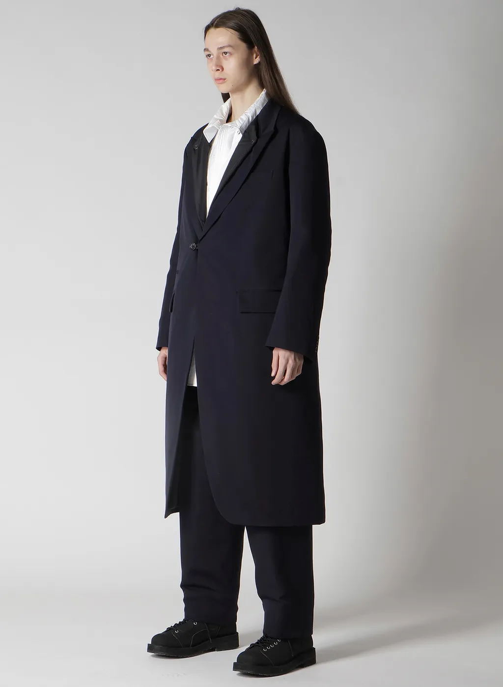 Navy Wool Gabardine One Button Jacket With Liner