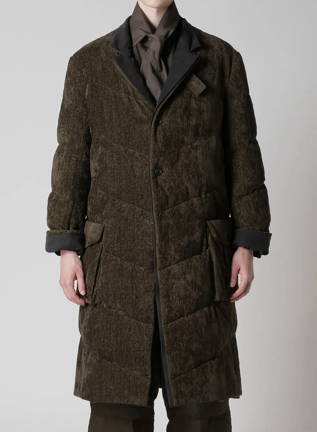 Linen Velvet 3 Buttons Diagonal Padded Long Jacket