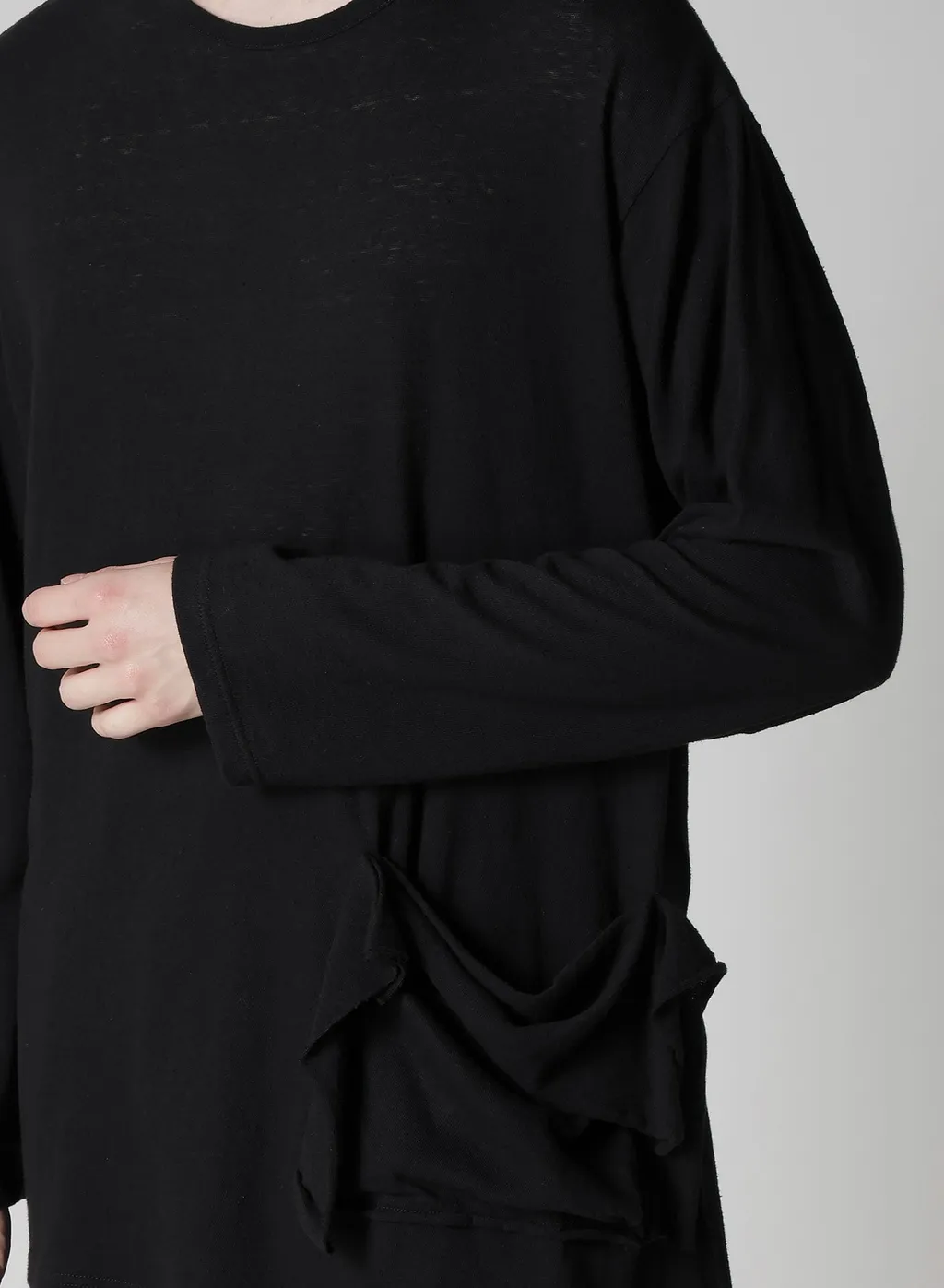 Cotton Silk Noir Gauze Jersey Pocket Detail Long Slv T
