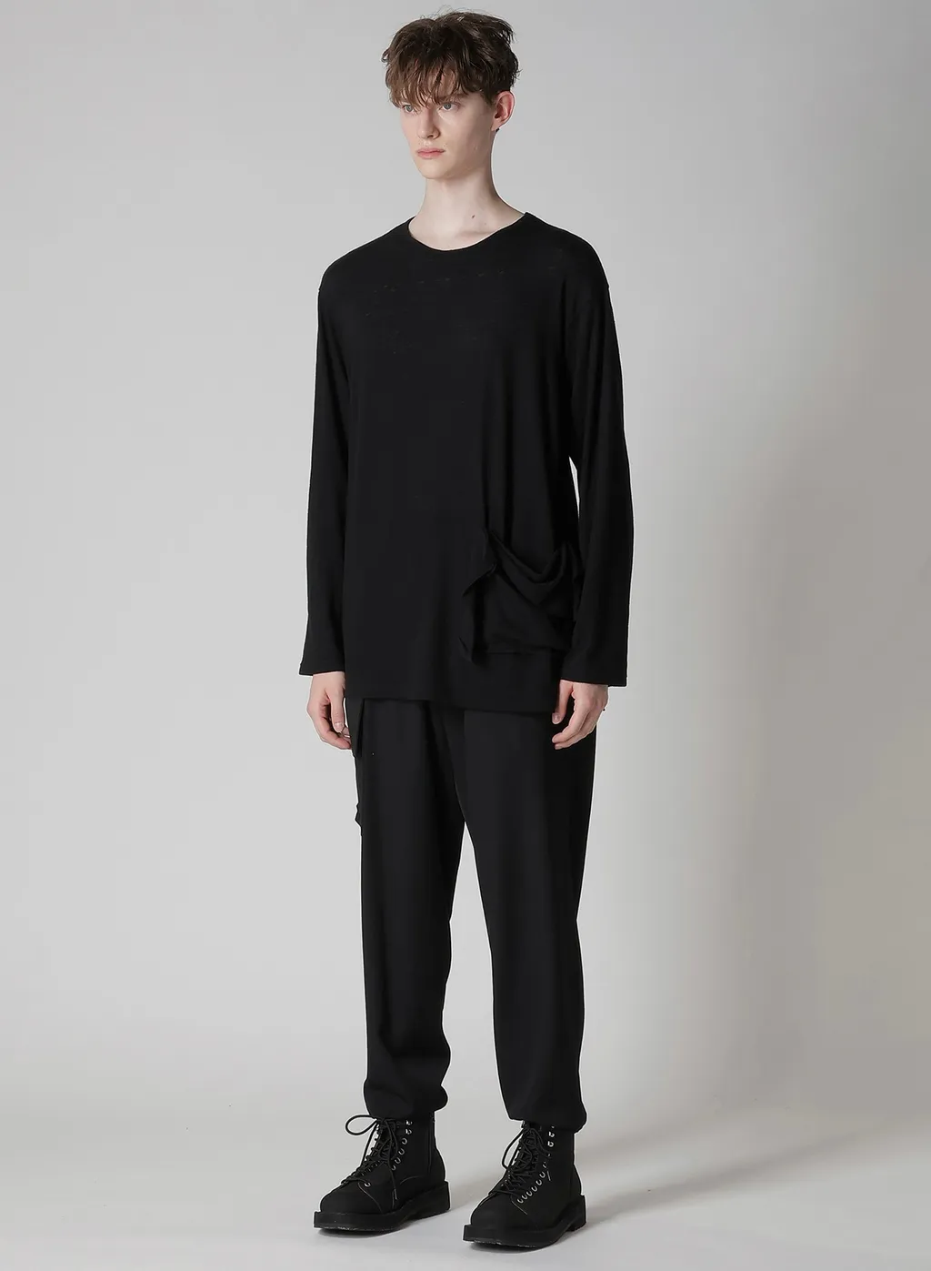 Cotton Silk Noir Gauze Jersey Pocket Detail Long Slv T