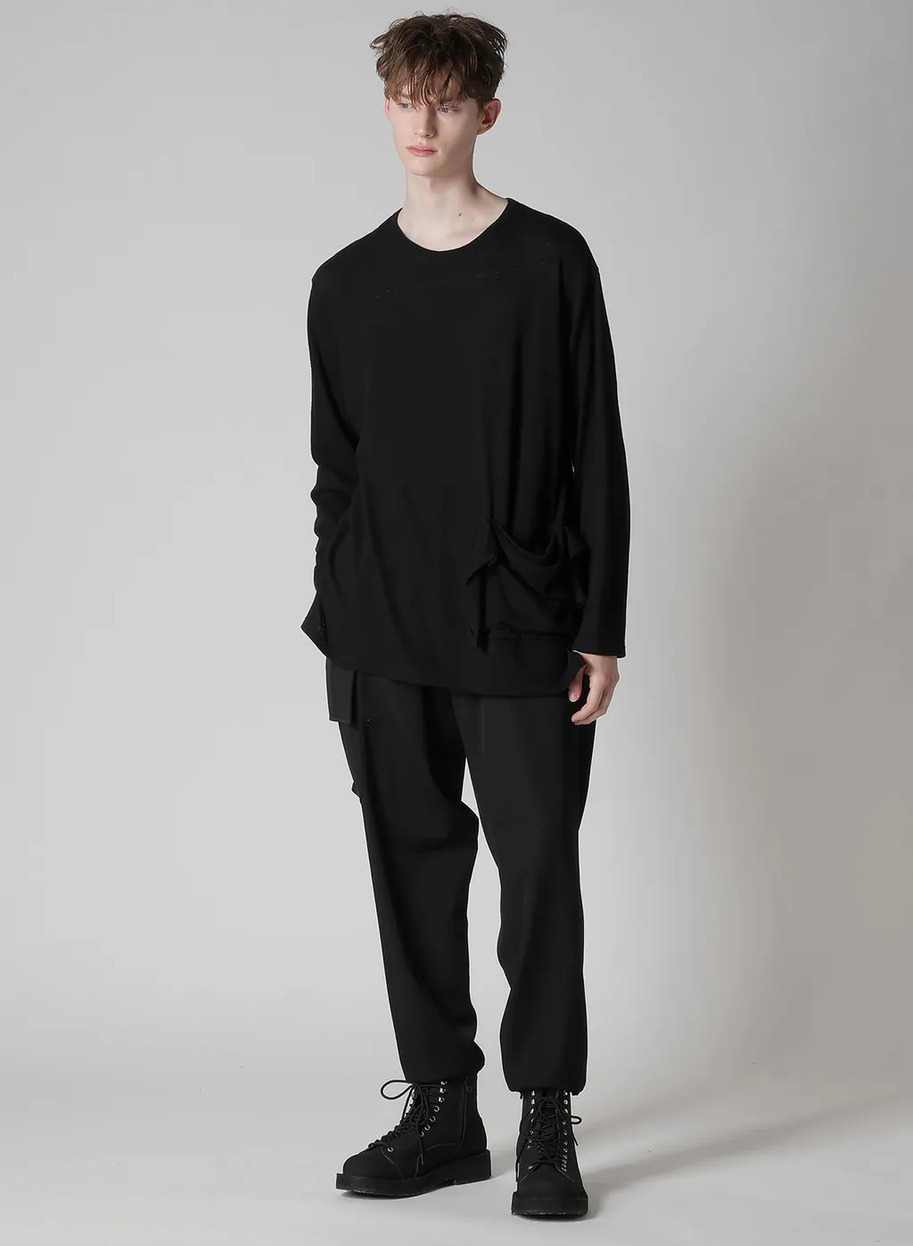 Cotton Silk Noir Gauze Jersey Pocket Detail Long Slv T