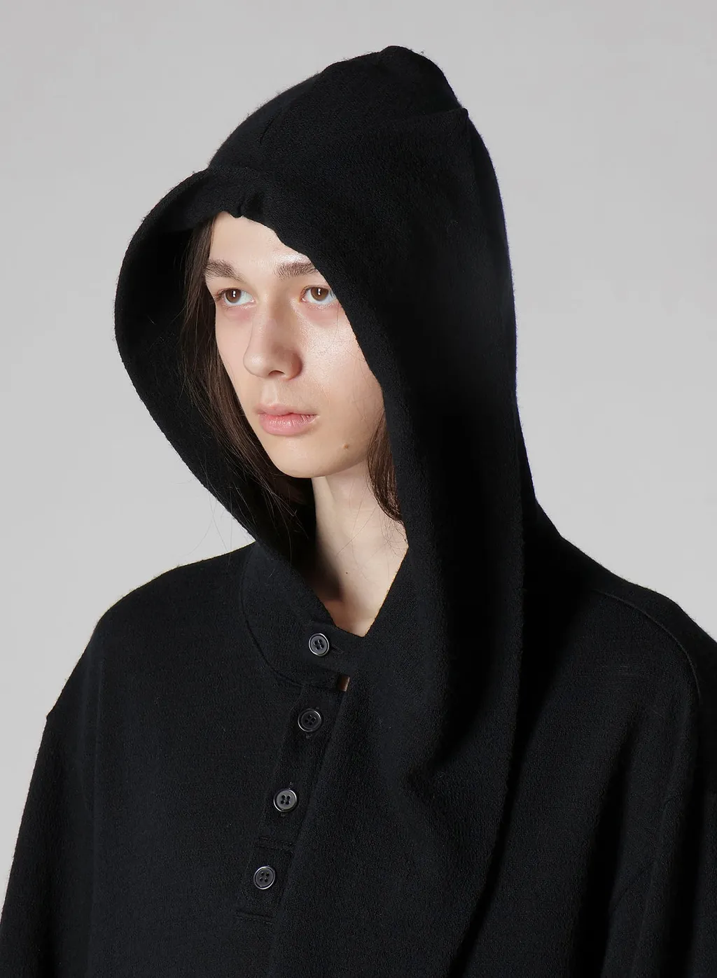 Wool Houndstooth Jacquard Henley Neck Hood T