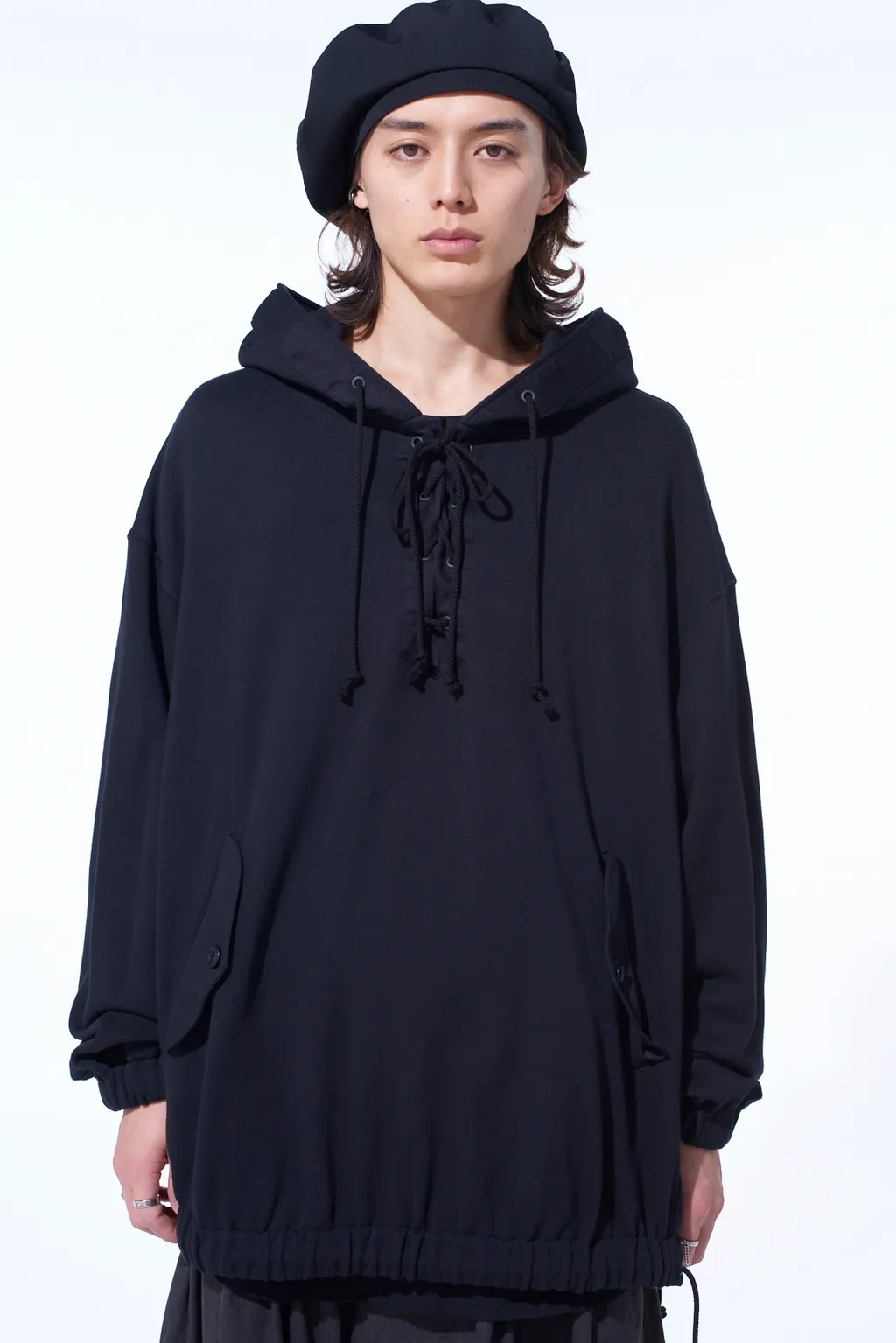Twill Terry Mix Oversized Lace-Up Hoodie