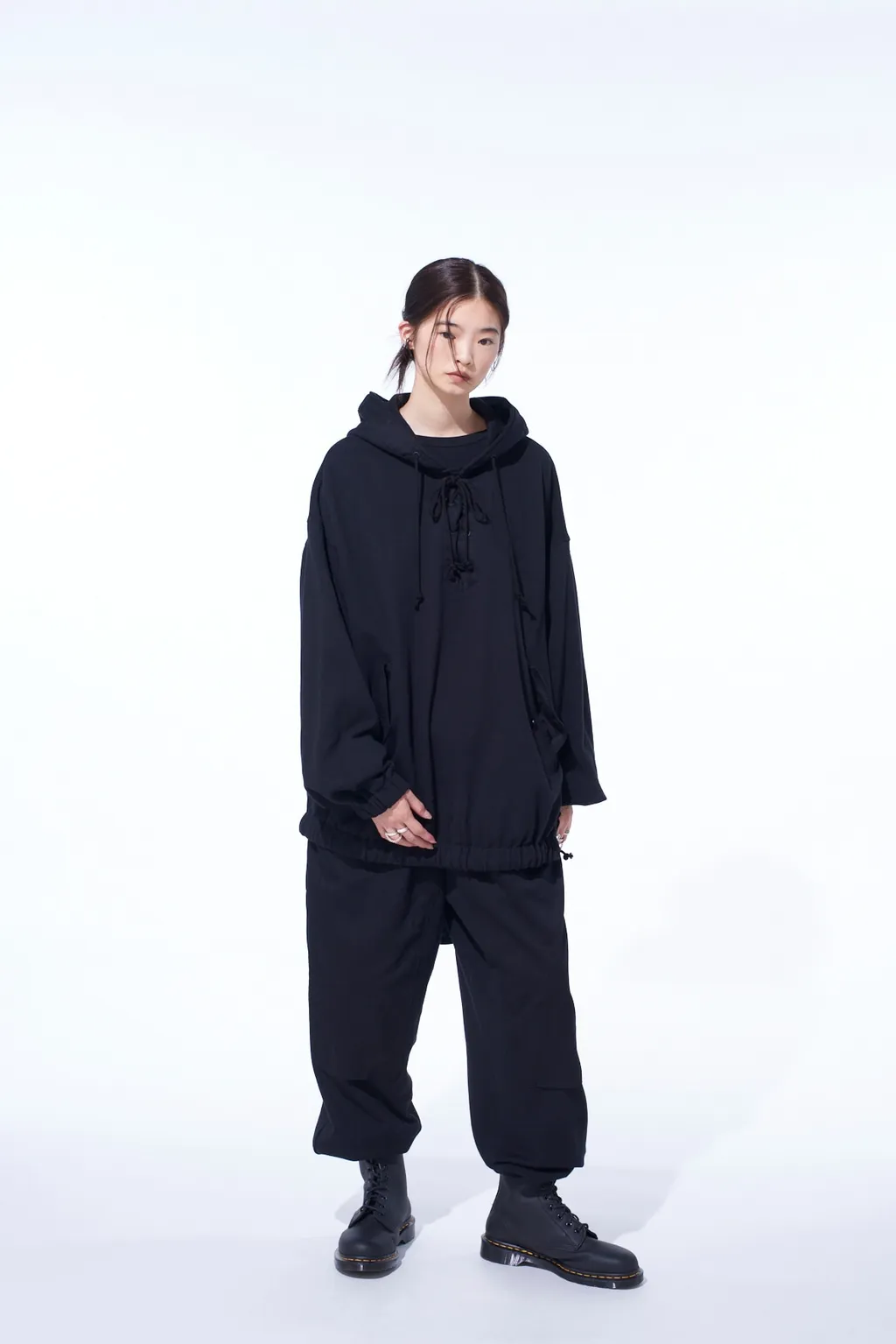 Twill Terry Mix Oversized Lace-Up Hoodie
