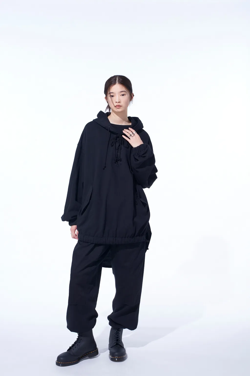 Twill Terry Mix Oversized Lace-Up Hoodie
