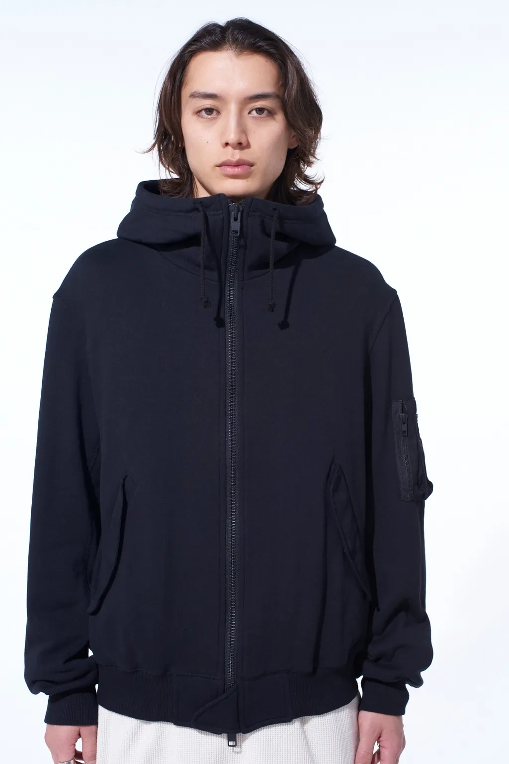 Twill Terry Mix Zip-Up Hoodie With Utility Sleeve Pocket