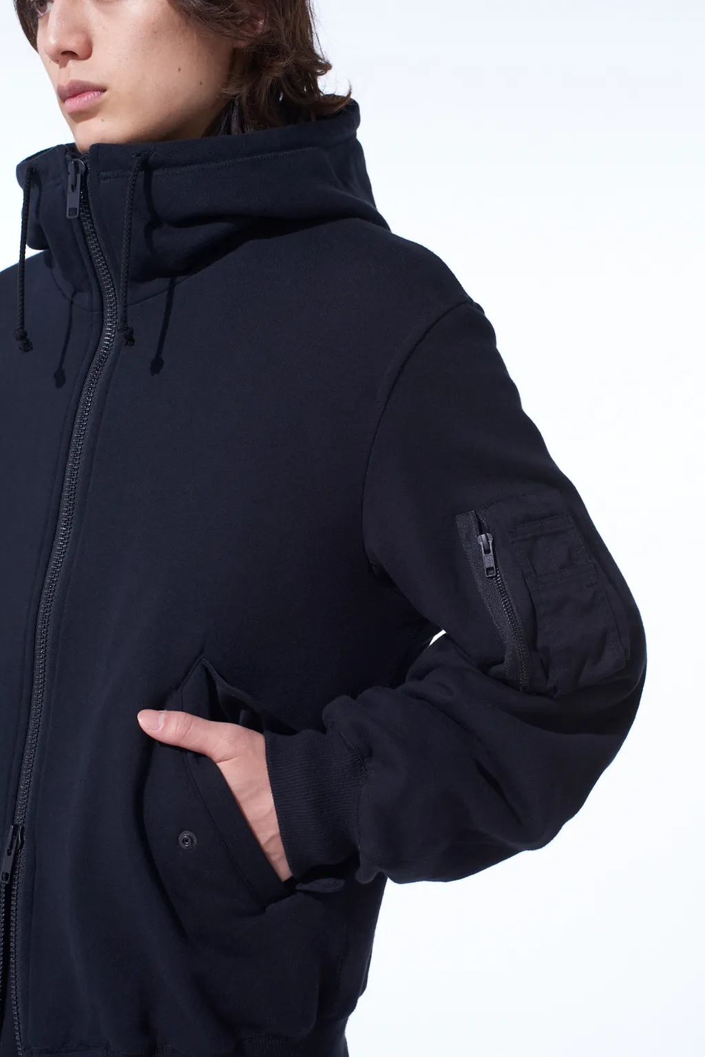 Twill Terry Mix Zip-Up Hoodie With Utility Sleeve Pocket