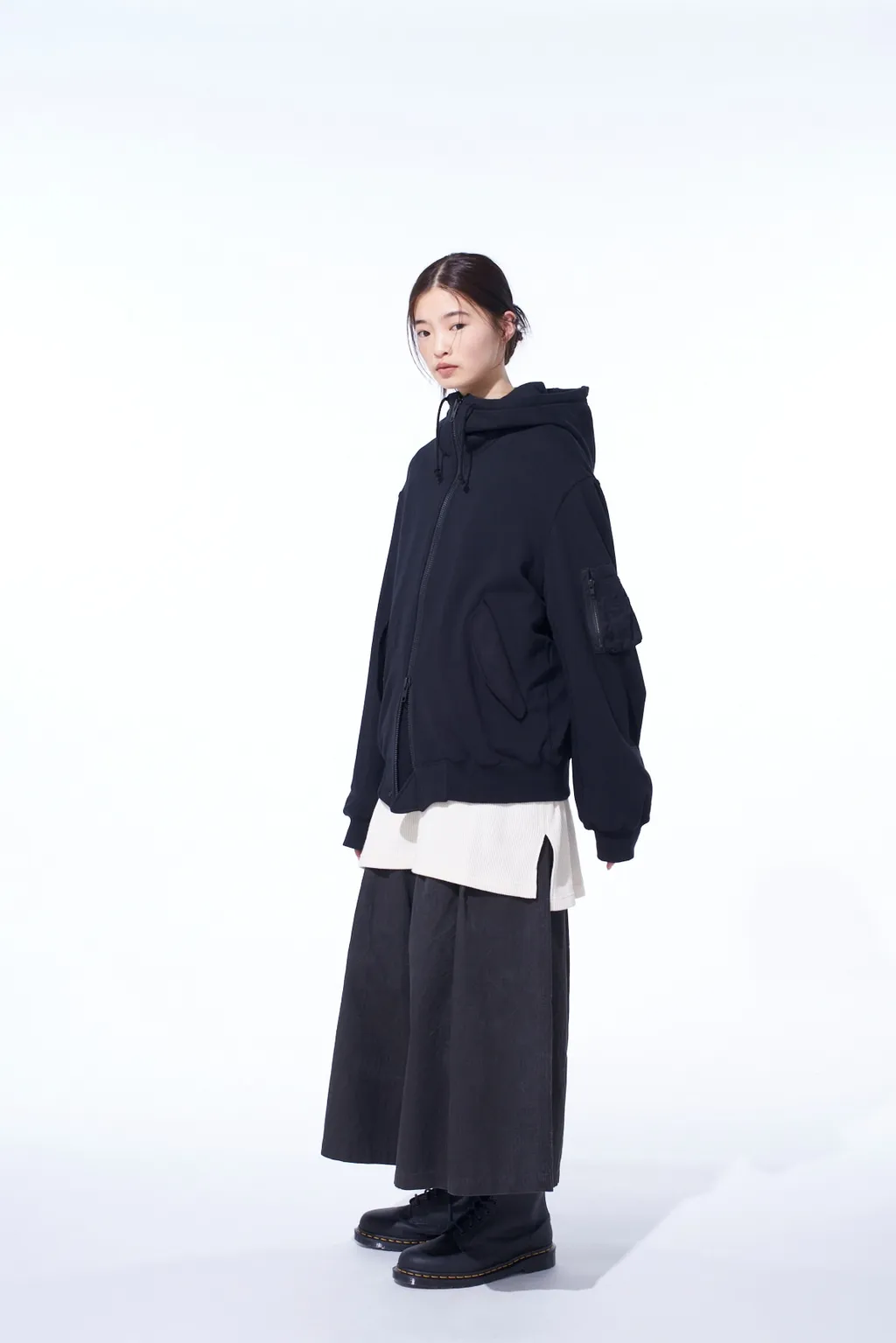 Twill Terry Mix Zip-Up Hoodie With Utility Sleeve Pocket