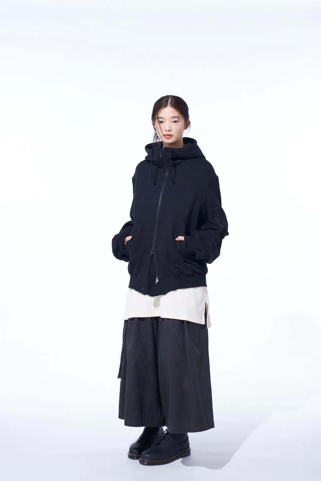 Twill Terry Mix Zip-Up Hoodie With Utility Sleeve Pocket