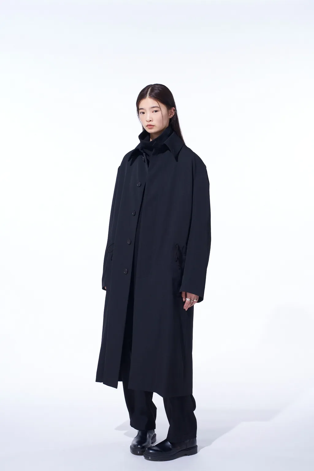 Washer Wool Gabardine Stand Collar Coat