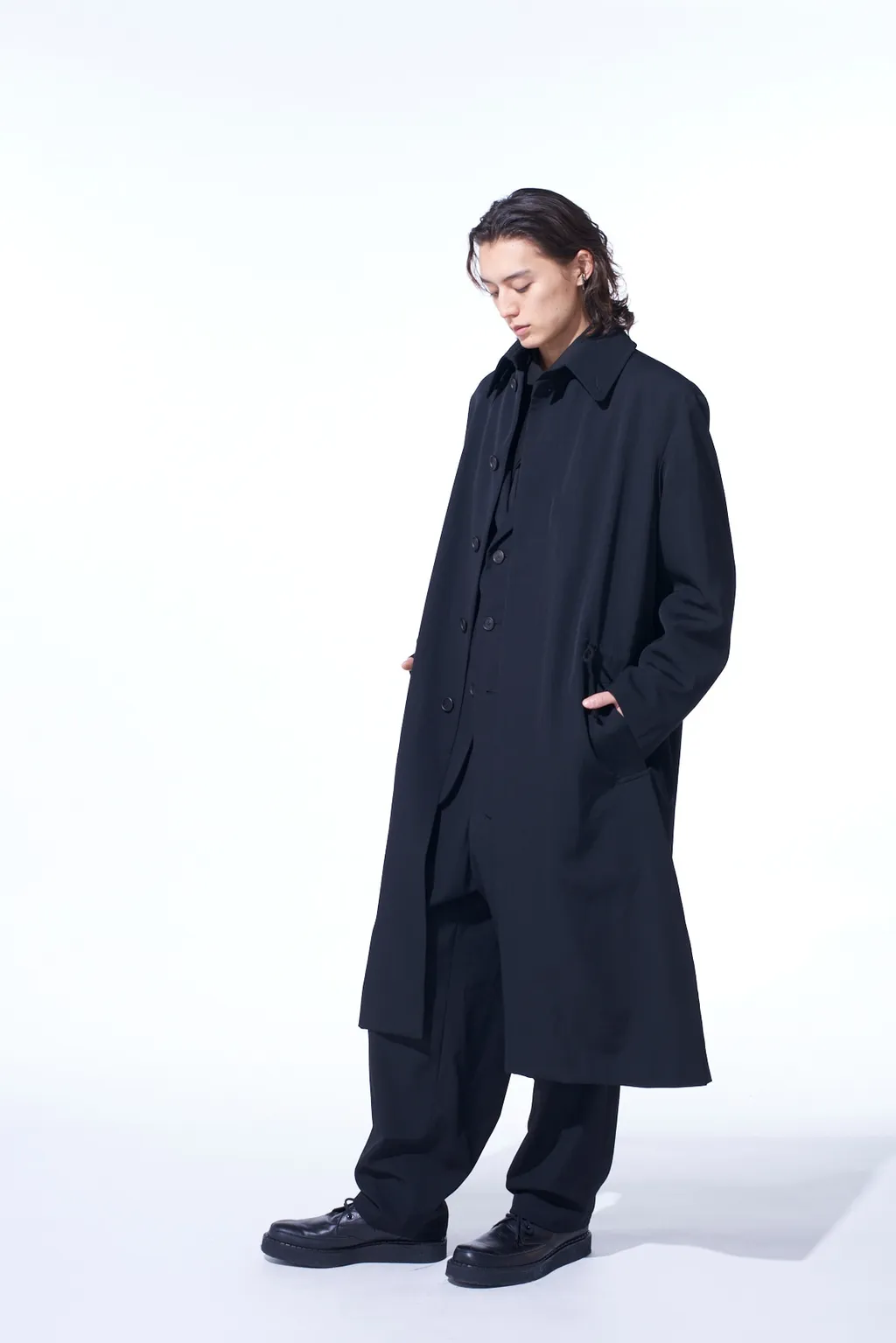Washer Wool Gabardine Stand Collar Coat